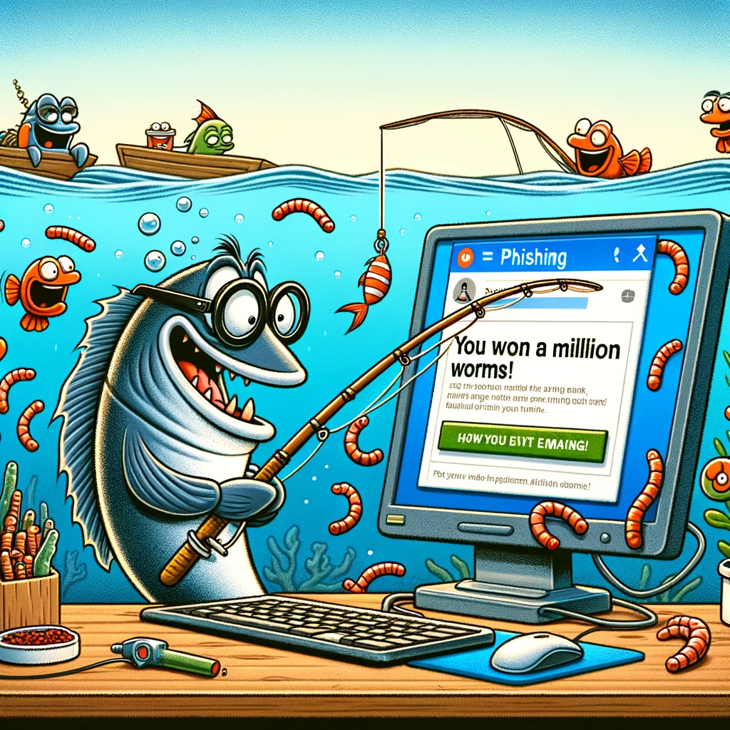 Photo of a fish conducting a phishing campaign, sending emails underwater